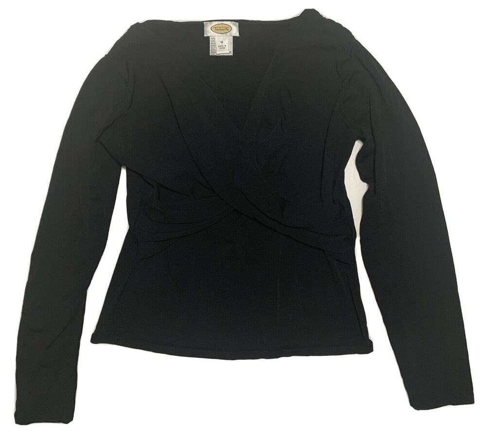 Talbots Womens Blouse Top Medium Black V Neck Long Sleeve Stretch Pullover